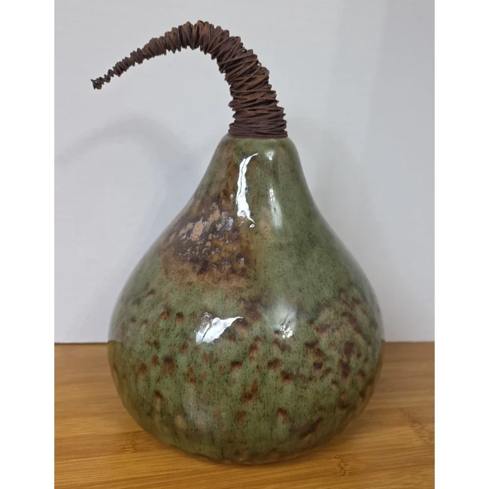 Pier 1 Ceramic Gourd Pumpkin Pear Wire Stem Brown Green Marbled Glossy Fall Art